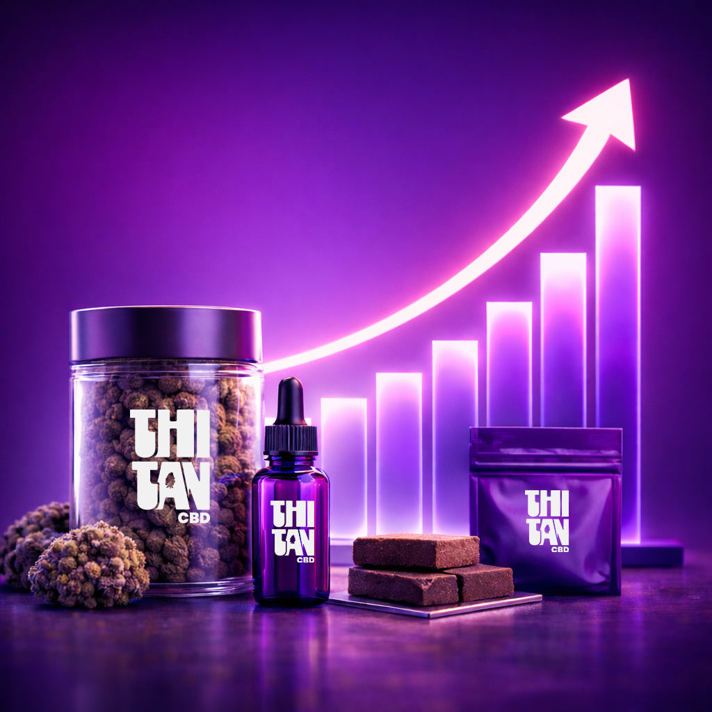 Produits au CBD Thitan avec en fond une flèche qui montre une croissance