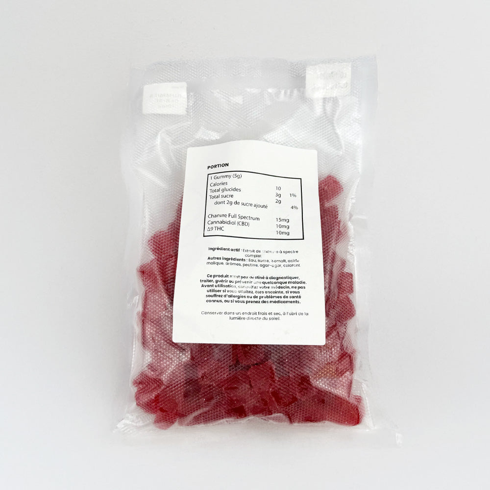 Sachet sous vide de gummies au THC rouges